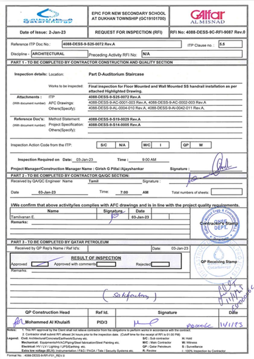 SOW:  FABRICATION, SUPPLY & INSTALLATION OF METAL WORKSPROJECT:  DUKHAN TOWNSHIP