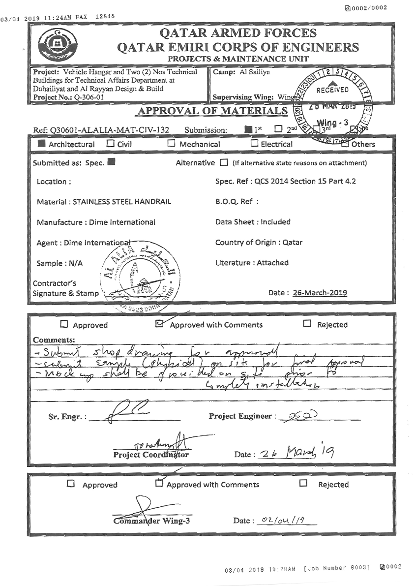 SOW: تصنيع وتوريد وتركيب الأعمال المعدنية المشروع: تصميم وبناء المشروع رقم Q-306-01